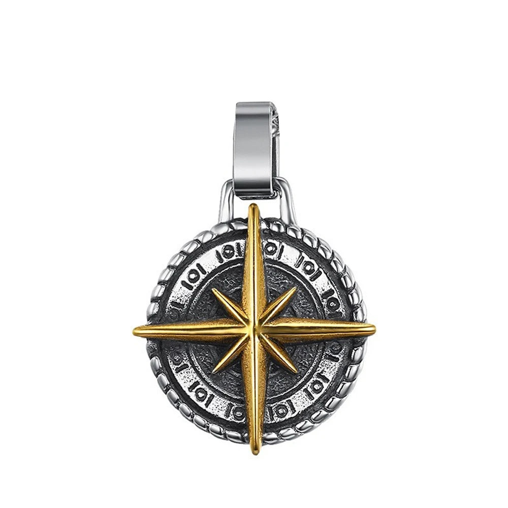 Voyager Vintage Viking Compass Pendant Necklace For Men Punk Hip Hop 316L Stainless Steel Biker Cross Necklace Jewelry