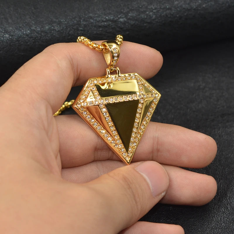 Geometric Faceted Rhinestone Pendant Necklace — Stainless Steel