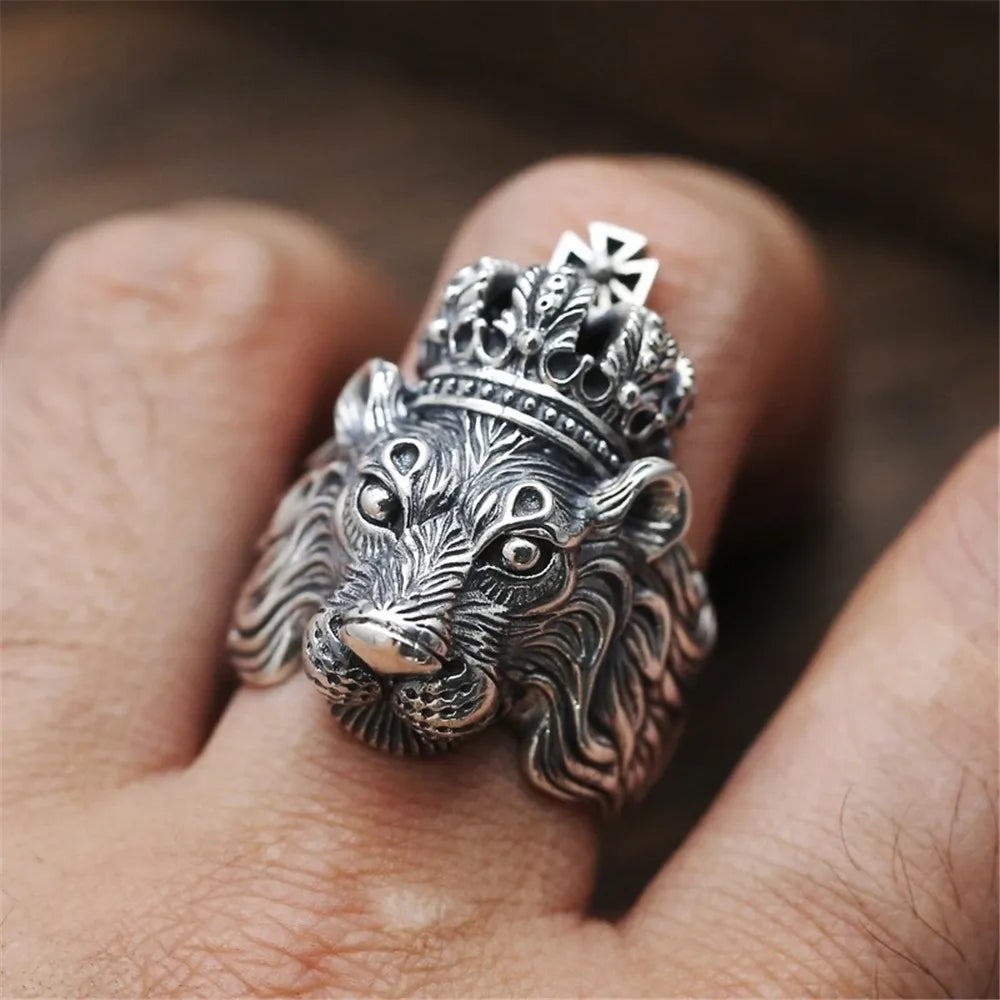 Retro Lion Crown Ring For Men Silver Color Punk Gothic Adjustable Ring Rock Hiphop Biker Jewelry Accessories Man Gift