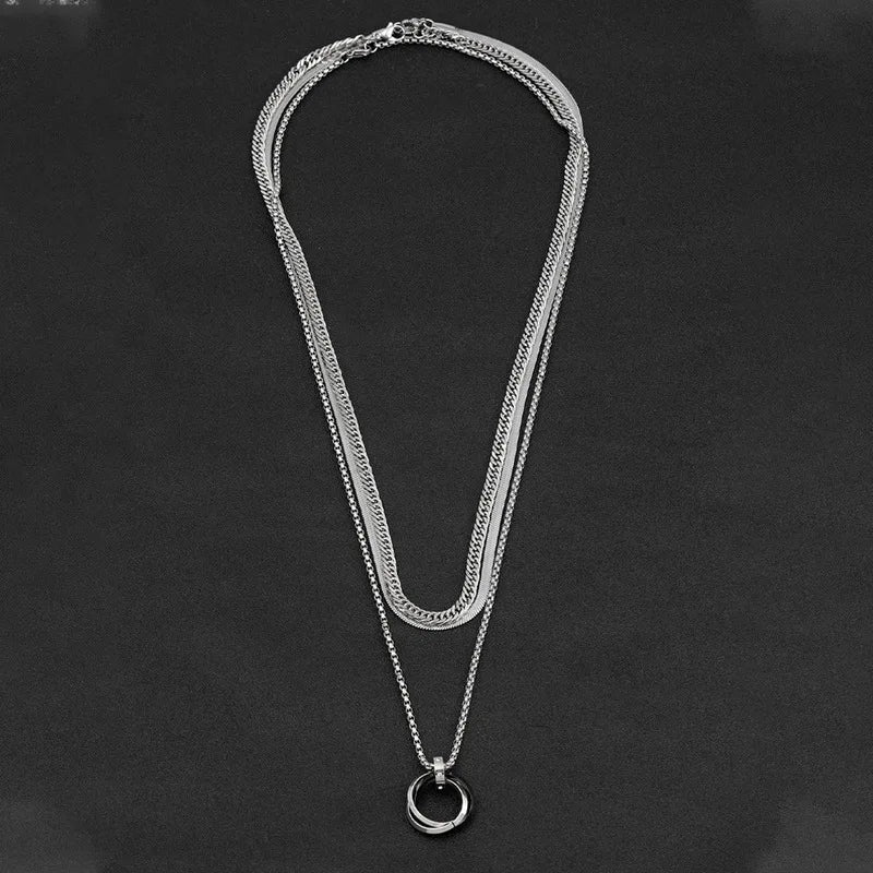 Interlocking Ring Herringbone Cuban Necklace — Stainless Steel