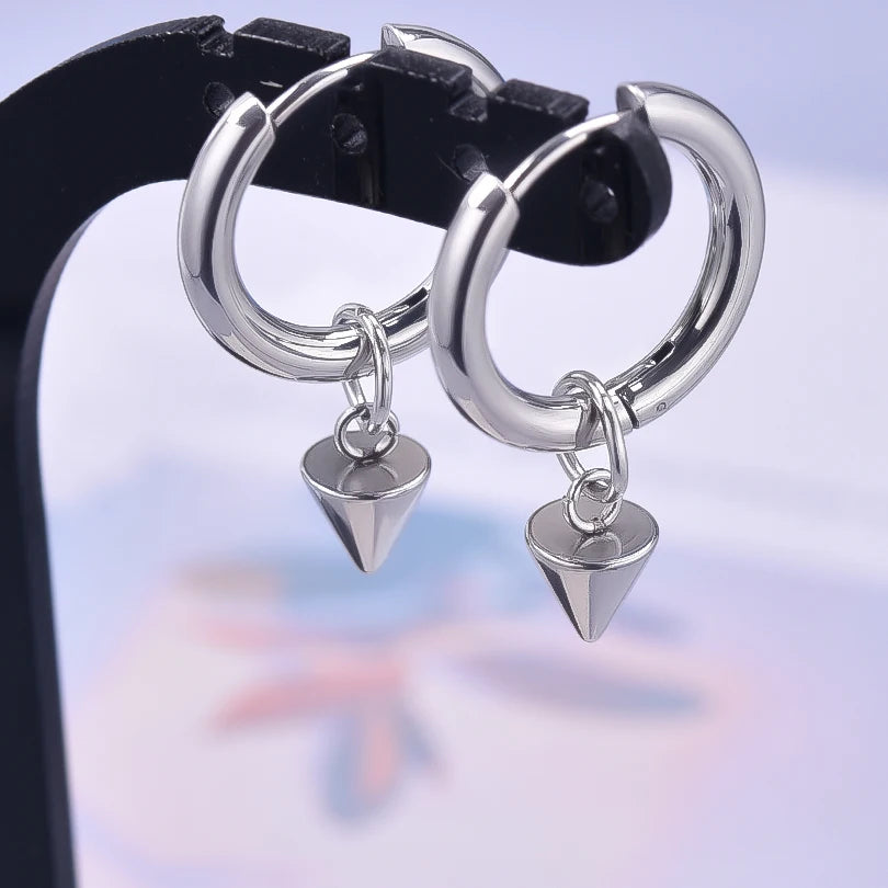 Spike Cone Drop Huggie Hoop Earrings for Men — Stainless Steel