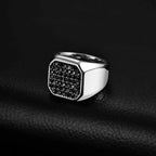 Iced Out Black Zircon Signet Ring — Stainless Steel