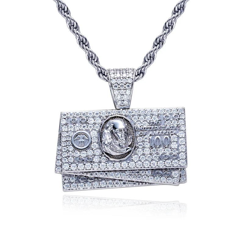 Iced Out Dollar Bill Pendant — 925 Silver