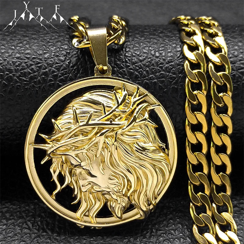 Jesus Crown of thorns Men's Necklace Stainless Steel Gold Color Chain Crucifix Medal Male Neckalces Religious Jewelry