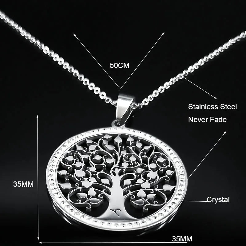Iced Out Tree of Life Silver Necklace — Stainless Steel