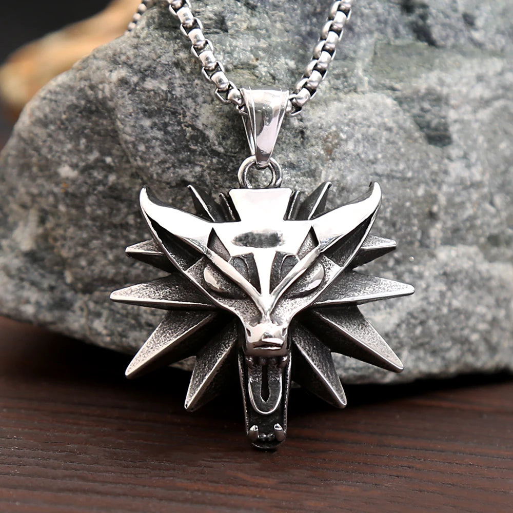 Fashion Vintage Viking Wolf Head Pendant Necklace Mens Punk Biker Stainless Steel Geralt of Rivia Slavic Necklaces