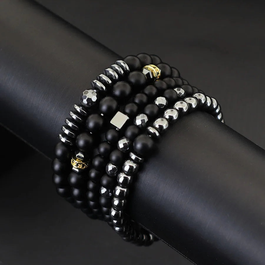 Black-Tone Beaded Bracelet Set — 6mm 8mm Wrap