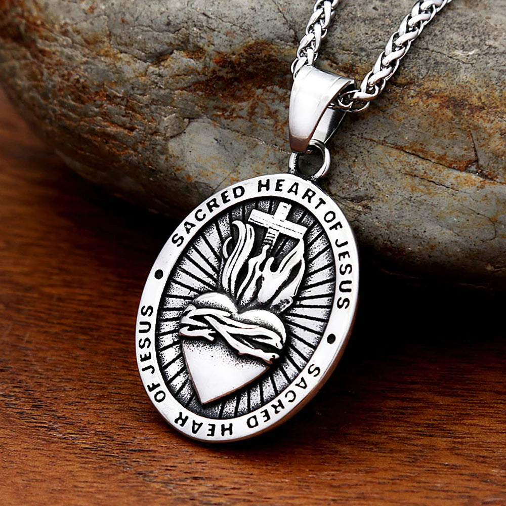 Men's Heart of Jesus Pendant Necklace For Men Women 316L Stainless Steel Religious Cross Amulet Jewelry Gifts Fashion