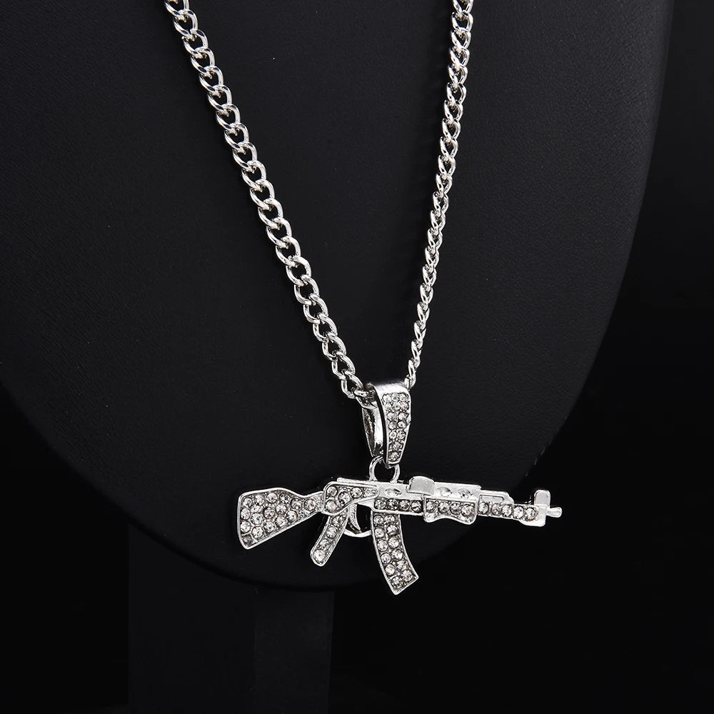 Gun Pendant Crystal Choker Rhinestone Chain Necklace — Two-Tone