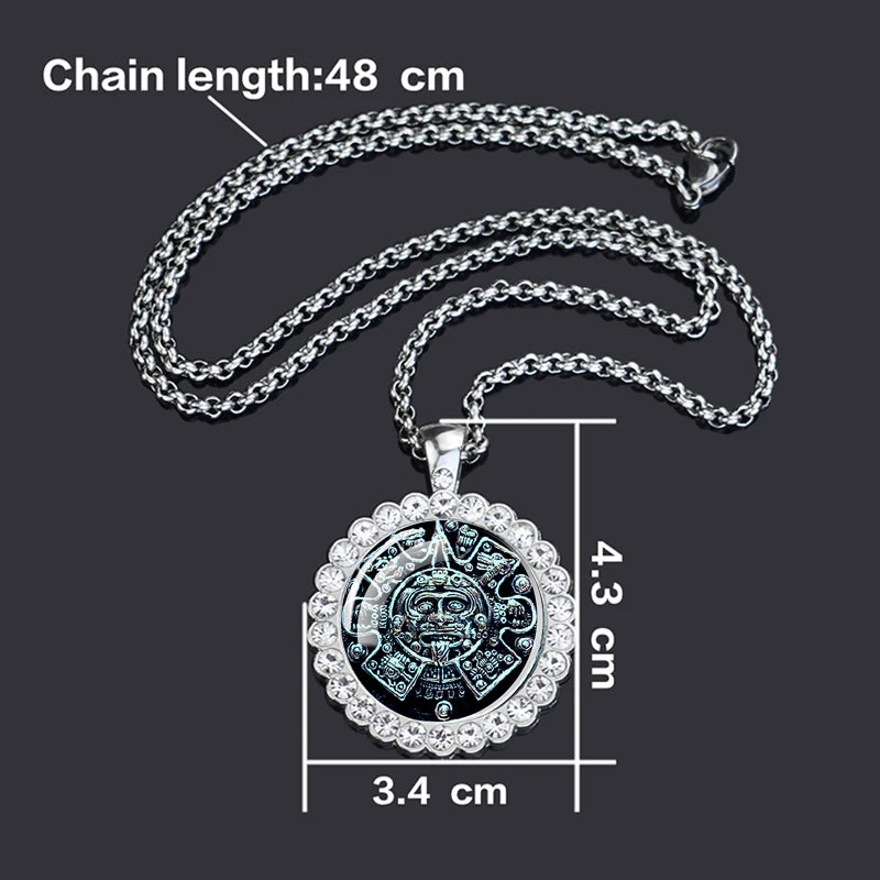 Aztec Calendar Pendant Necklace — Ancient Mexico Art, Rhinestone