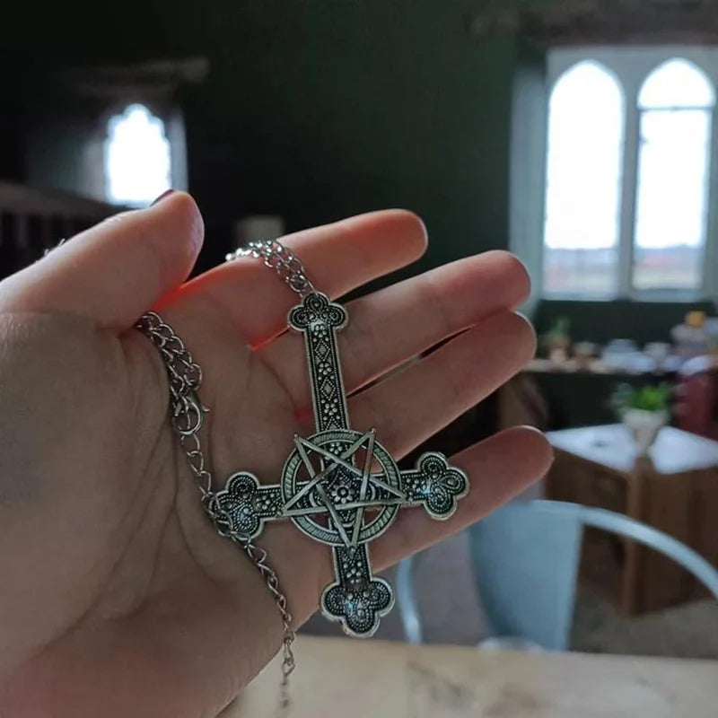 Inverted cross necklace, Gothic jewelry, Pentagram, Retro, Pagan, Witchcraft, punk, Carved cross Charm, Choker For