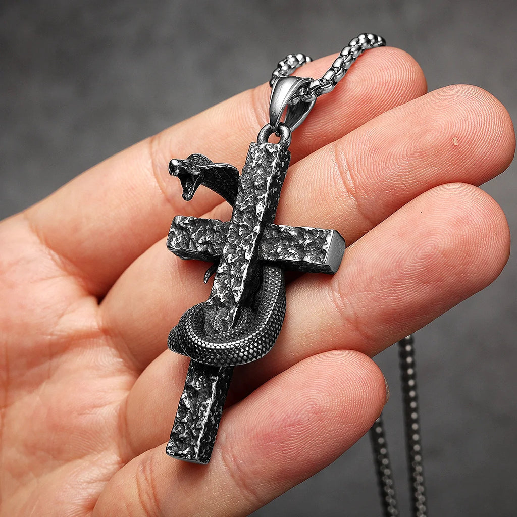 Cobra Cross Men Necklaces Stainless Steel Pendant Chain Women Fashion Jewelry Retro Snake Amulets Punk Accessories