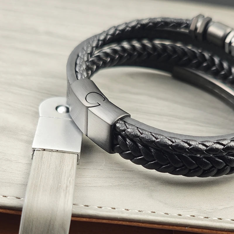 Men's Stainless Steel Luxury Magnetic Buckle Braided Multi-layer Leather Cylinder Hexagonal Bead Bracelet Men's Jewelry