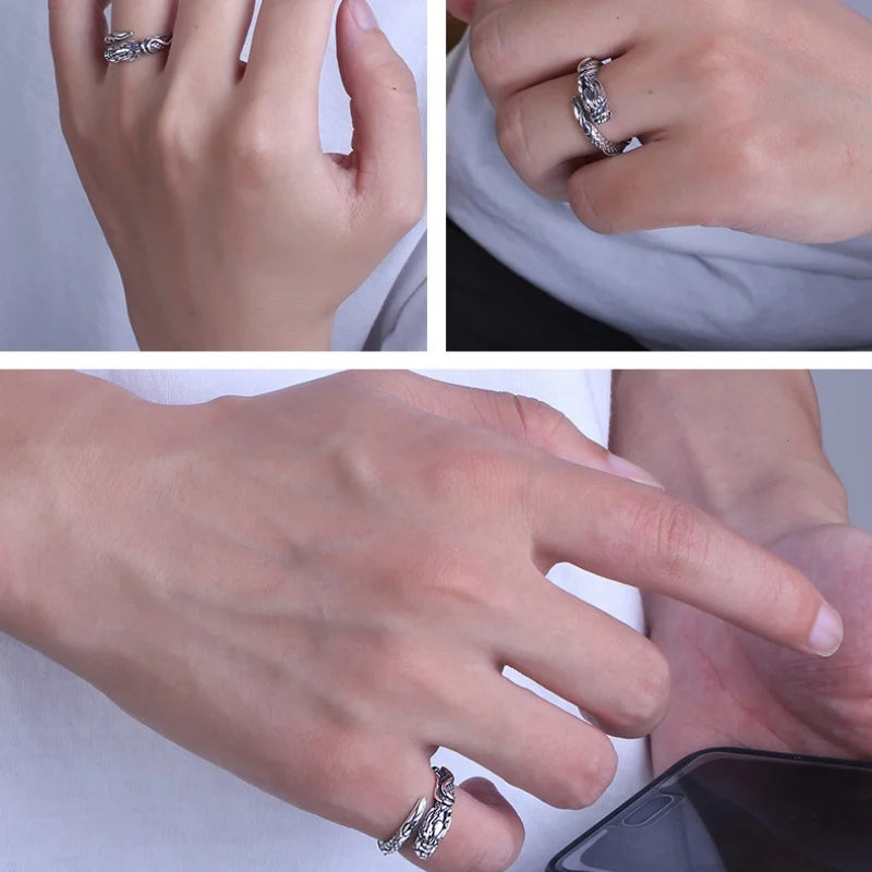 Chinese Dragon Animal Band Ring for Men Women — Silver-Tone