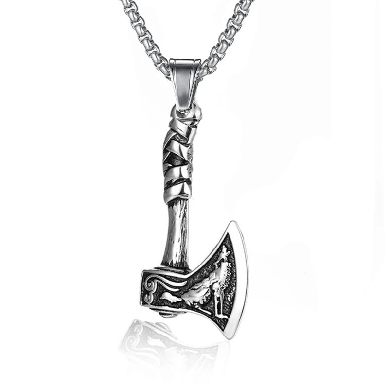 Silver Viking Axe Wolf Pendant Necklace