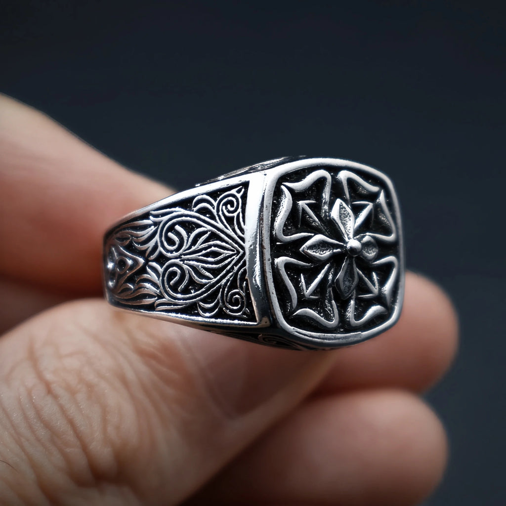 Retro "Floral Edge" Four-leaf Clover Adjustable Open Ring For Men Silver-plated Copper Gothic Punk Edgy Jewelry