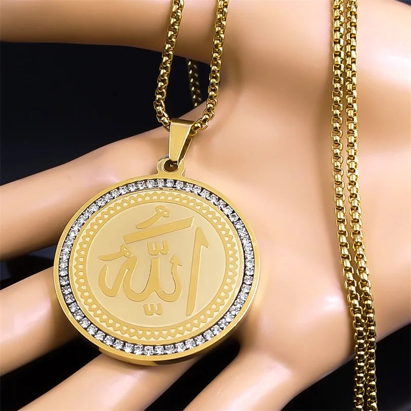 Arabic Quran Allah Medal Necklace for Women Men Rhinestone Stainless Steel Gold Color Islam Muslim Chain Jewelry collar