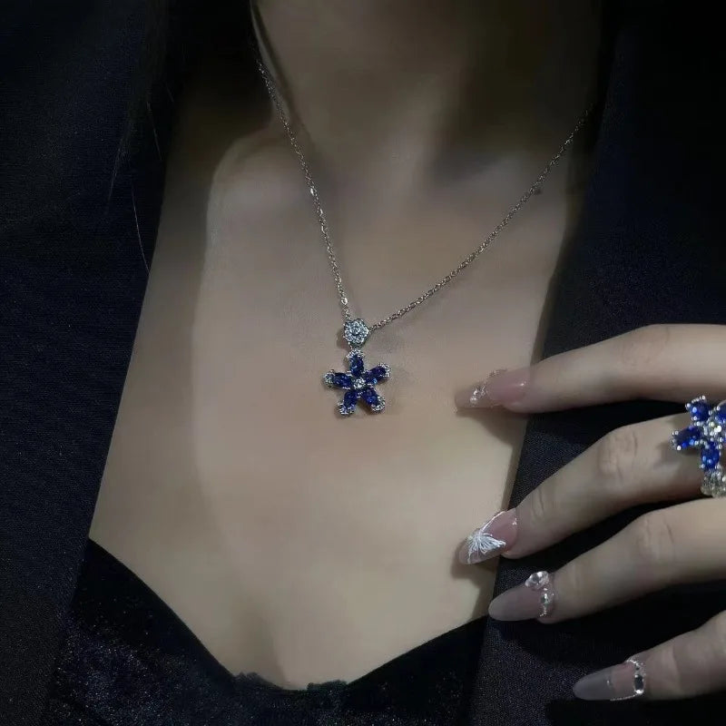 Blue Zircon Flower Necklace — Stainless