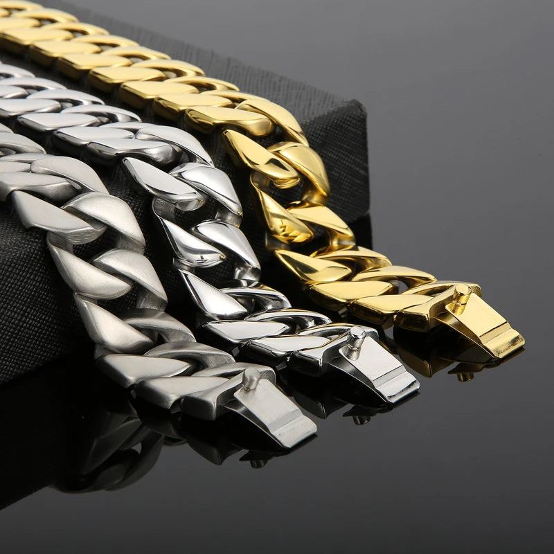 31mm Men's Heavy Bracelets Stainless Steel Cuban Chain Brushed Shiny Chunky Bracelet Bangle For Men Silver Color Jewelry