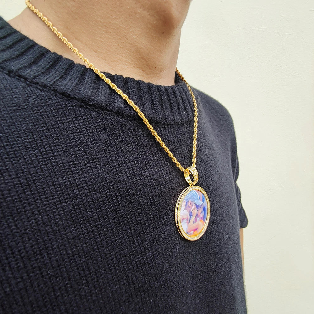 Iced Out Photo Pendant Necklace Stainless Steel