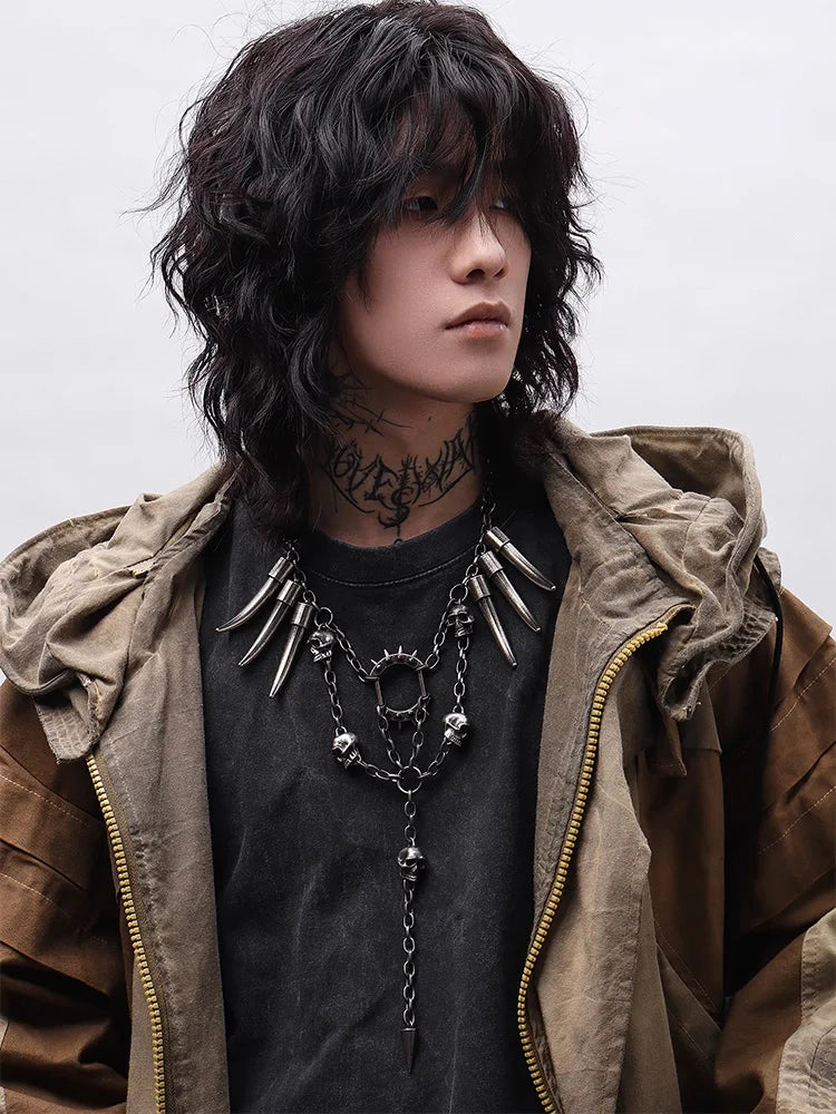 Studded Skull Pendant Necklace — Stainless Steel