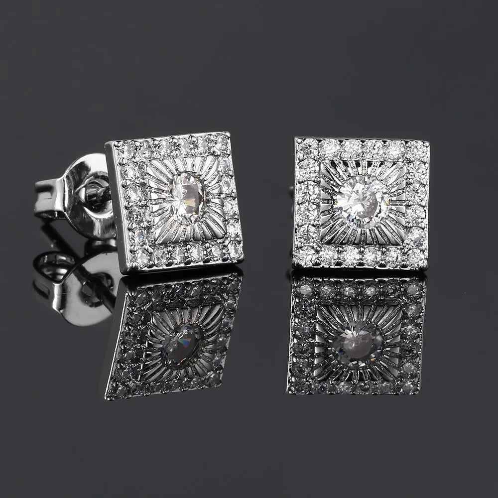Silver Iced Out Square Stud Earrings CZ