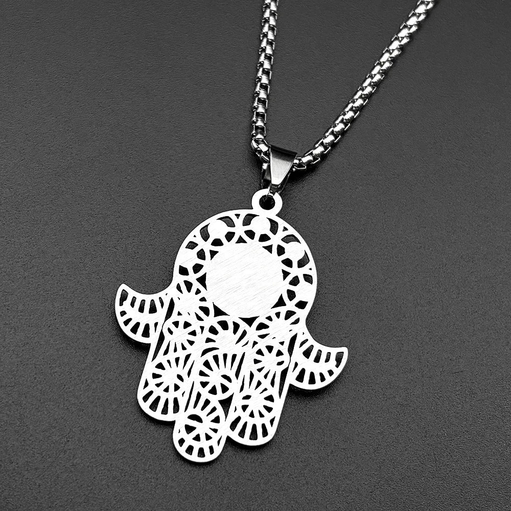 Turkish Evil Eye Hamsa Hand Necklace — Blue CZ, Stainless Steel