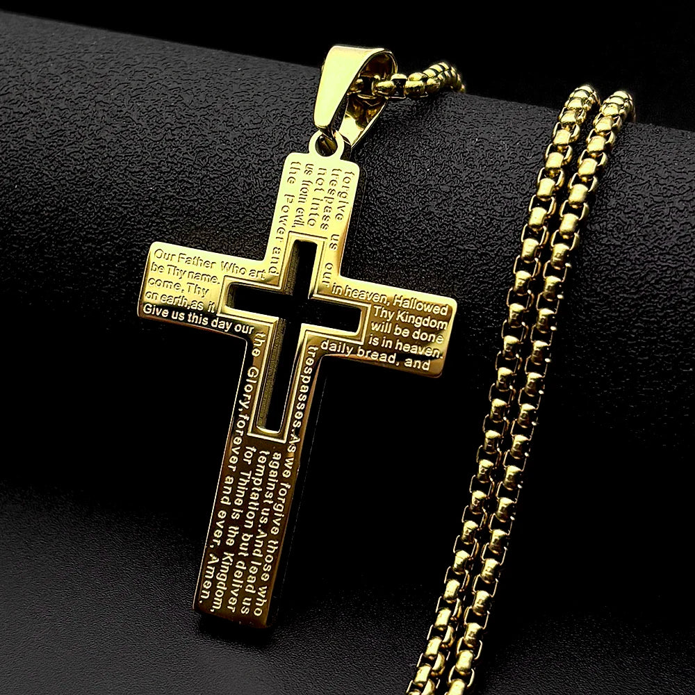 Lord’s Prayer Cross Pendant Necklace — Stainless Steel