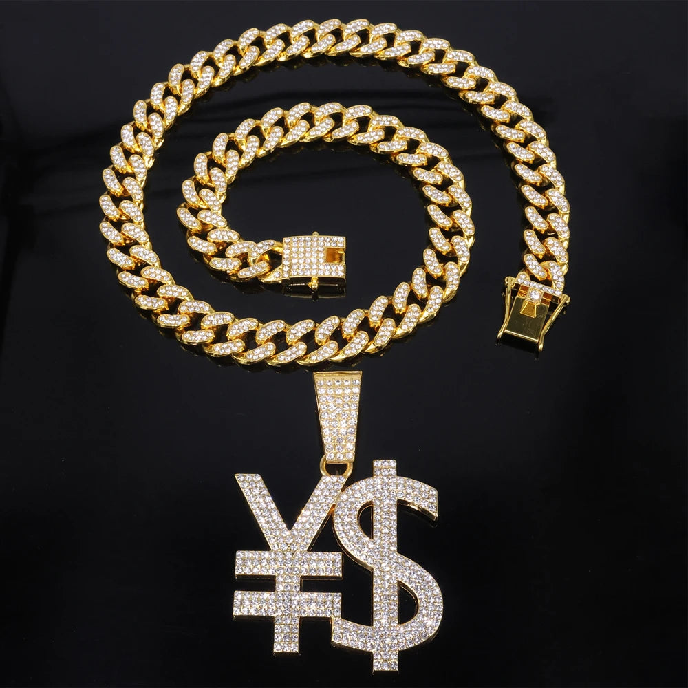 Hip Hop Exaggerated Dollar Sign Pendant,with 13mm Cuban Chain Currency Symbol Pendant Necklace for Men Rapper Charm