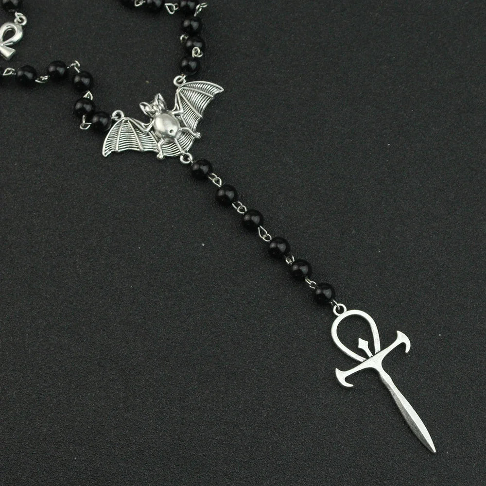 Gothic Bat Cross Rosary Necklace for Women Fashion Mystery Witch Jewelry Accessories Gift Silver Color Bat Charm Vampire Choker