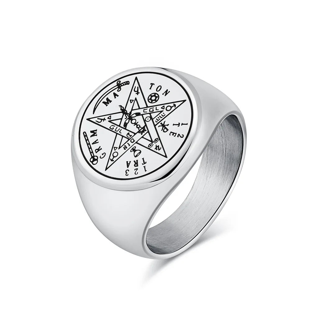 Jewish Tetragrammaton Hebrew Pentagram Rings Stainless Steel Pentacle Ring for Men Witchcraft Power Protection Amulet