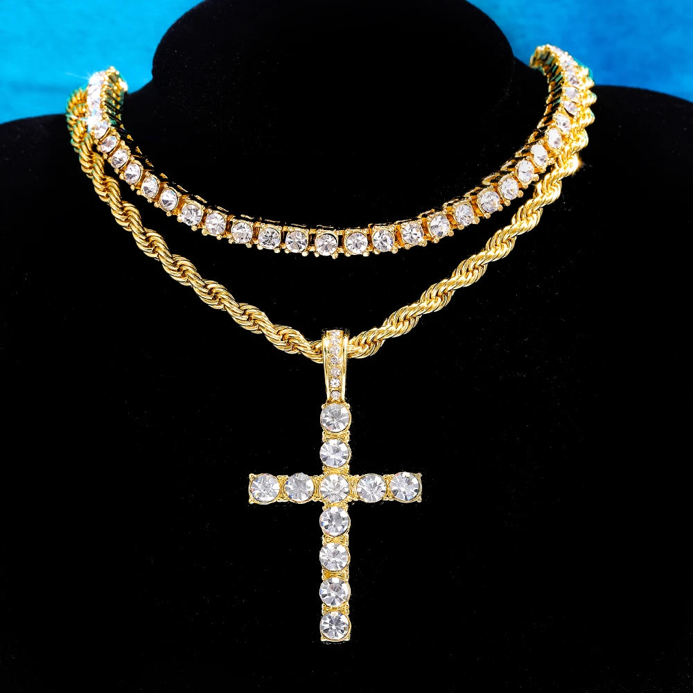 Men Hip Hop Cross Pendant Necklace with 4mm Zircon Tennis Chain Iced out Bling Chain Necklaces Punk Jewelry Fashion Women Gift