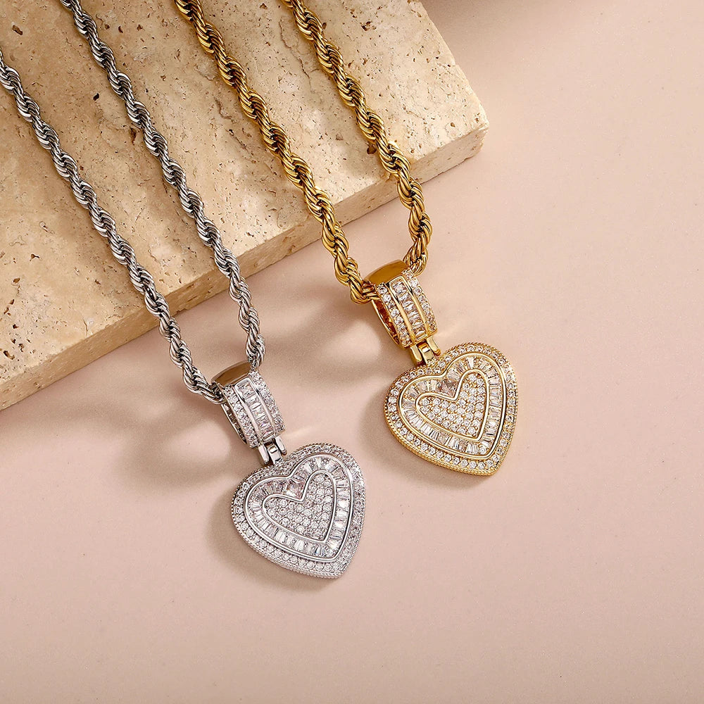 Gold Iced Out Heart Pendant Rope Chain Necklace