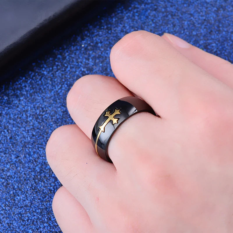 Gold Silver Color Cross Ring for Women Men Black Stainless Steel Cool Ring Male Casual Charm Jewelry Wedding Band Separable Ring