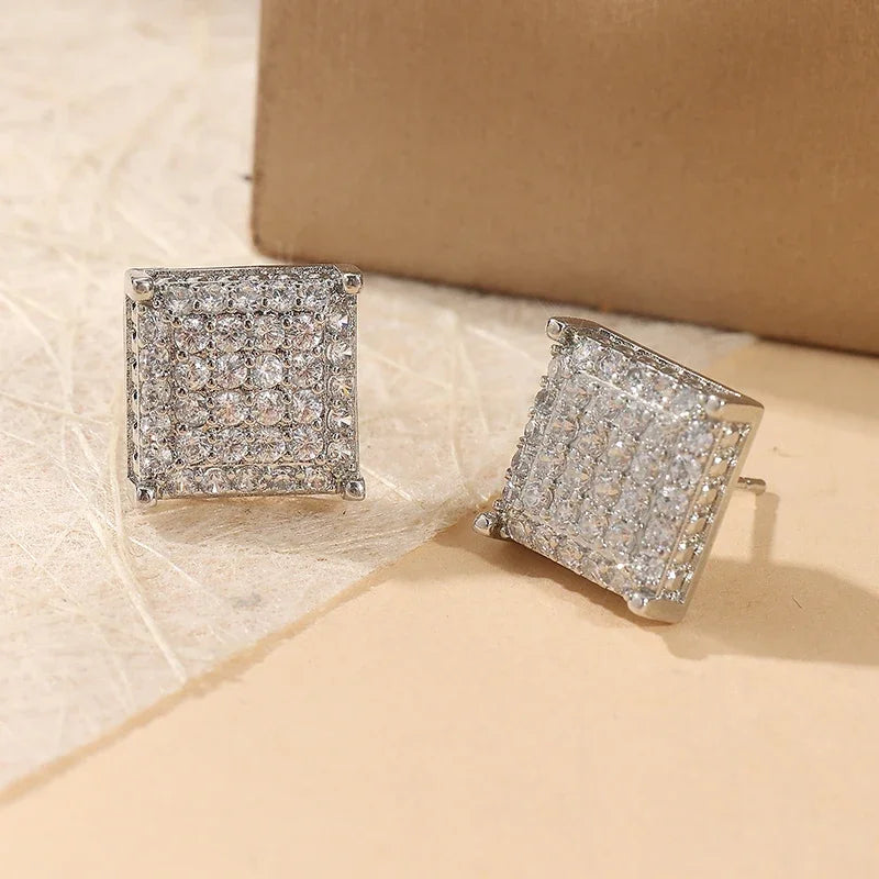 Fashion Women Men Stud Earrings Classic Square Shaped Ear Stud Piercing Sparkling Cubic Zircon Temperament Jewelry