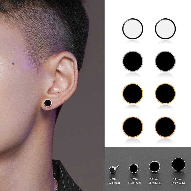 Trendy HipHop Titanium Steel Round Men's Stud Earrings Hippie Stainless Steel Black Drip Earings for Men Couple