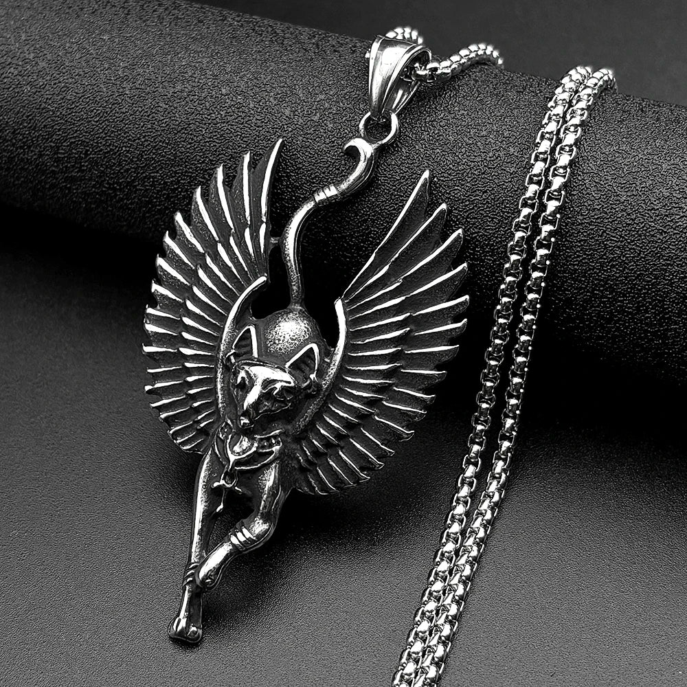 Vintage Egyptian Winged Cat Goddess Bastet Pendant Necklace Stainless Steel Silver Color Ancient Egypt Chain Necklaces