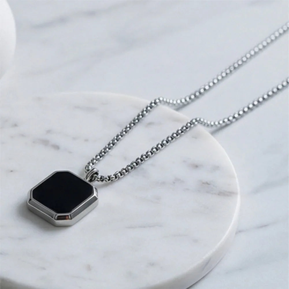 Punk Style Black Square Pendant Necklace For Men Women Hip Hop Stainless Steel Gold Color Neck Chain Rock Jewelry Cool Fashion