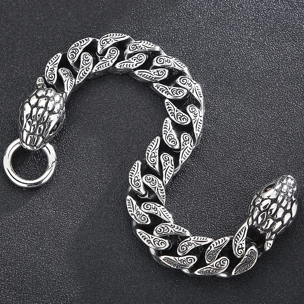 Cool Men's Snake Head Bracelet for Man Male Arm Rings Vintage 15MM Stainless Steel Curb Link Chain Bikers' Jewelry