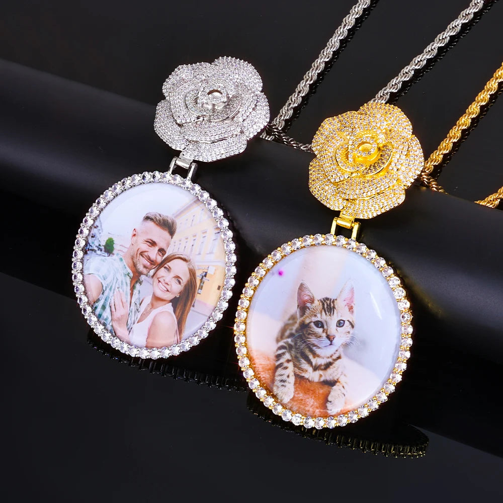 Statement Photo Pendant Necklace Rose Medallion