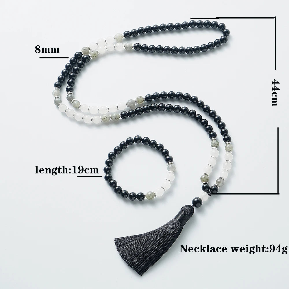 Black Onyx Labradorite Beads,108 Mala Necklace,Meditation,Yoga Prayer Jewelry, Japamala Rosary for Men and Women, 8mm