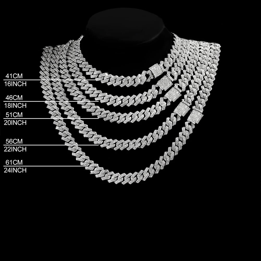 Hip Hop 14MM Prong Cuban Link Chain Necklace & Bracelet Iced Out Bling Cuban Chain Rhinestone Chains For Men Punk