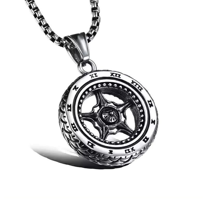 Vintage Silver Tire Pendant Necklace Stainless Steel