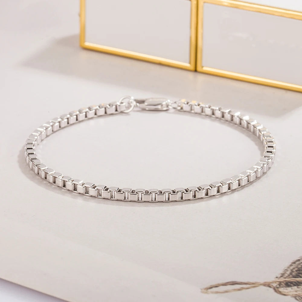 100% Solid 925 Sterling Silver Box Chain Bracelet Unisex Bangle For Men & Women Thoughtful Jewelry Gift for Birthdays/Holidays