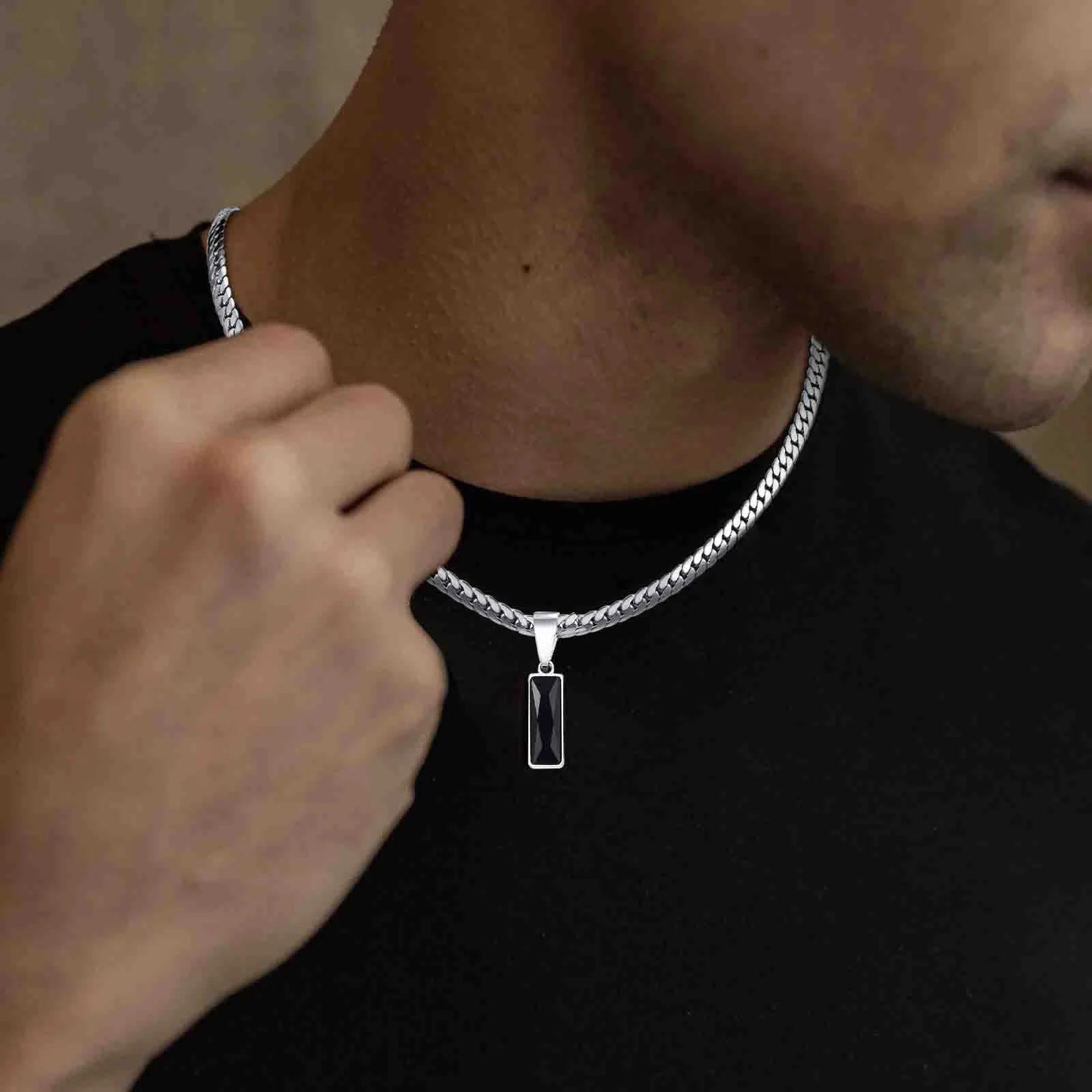 Stylish Black Square Stone Necklaces for Men Women,Waterproof Stainless Steel Flat Cuban Chain Collars,Hip Hop Jewelry Gifts