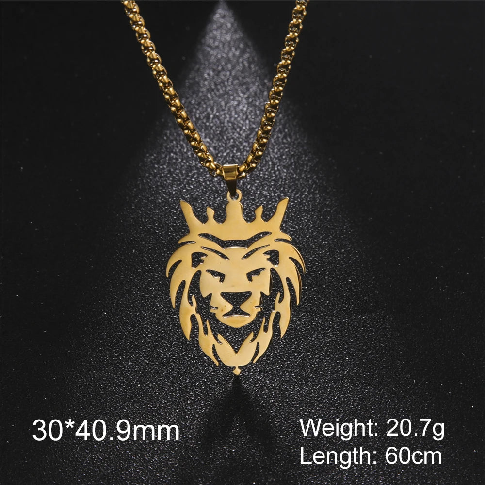 My Shape Lion King Crown Pendent Necklaces for Men Boys Stainless Steel Punk Animal Wolf Charms Choker Chains Hip Hop