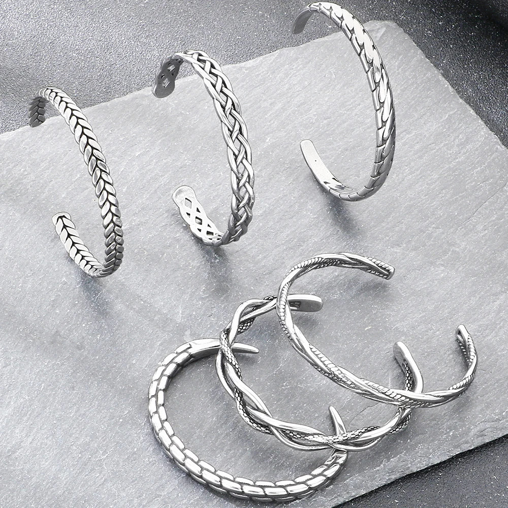 Retro Men Open Bangle for Man Stainless Steel Men's Braided Chain Style Cuff Bracelets Cool Birthday Jewelry Gifts for