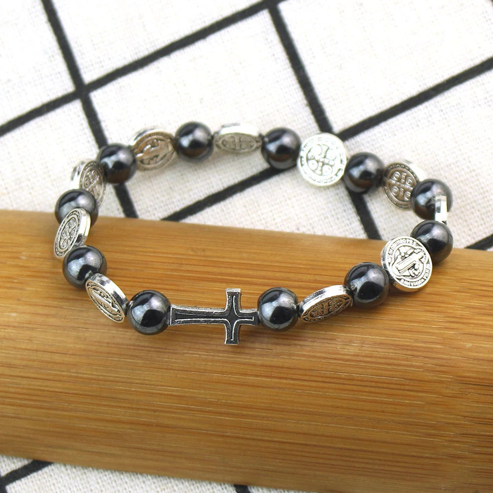 Catholic Rosary Bracelet St. Benedict Medal Cross Prayer Bracelets Hematite Beads Religion Jewelry Accessories Gifts