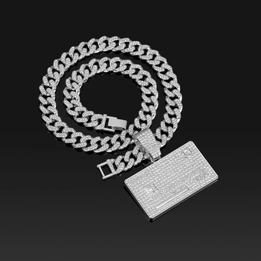 Men's Hip Hop Credit VISA Card Pendants With 13mm Miami Cuban Chain Iced Out Bling Bank Card Necklaces Fashion Jewelry for Woman