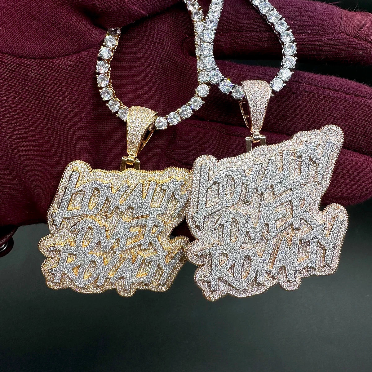 Aokaishen New Iced Out Bling CZ Loyalty Over Royalty Pendant Necklace Cubic Zirconia Two Tone Color Charm Women HipHop Jewelry